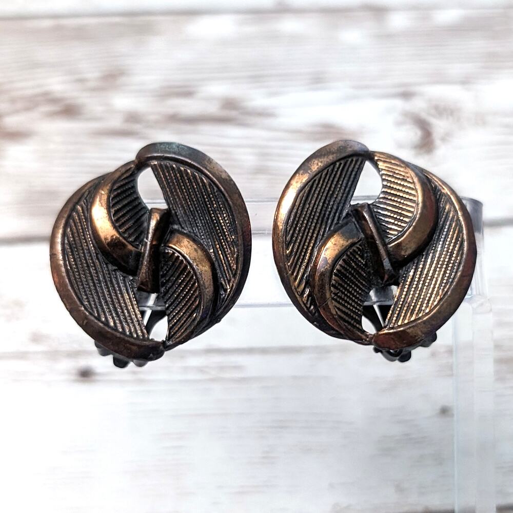 Vintage Clip On Earrings - Large Statement Dark Copper Like Tone